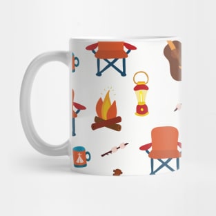 Camping print. Camping chair, campfire, coffee mug, marshmallow, camping lantern, and guitar on a white background. Mug